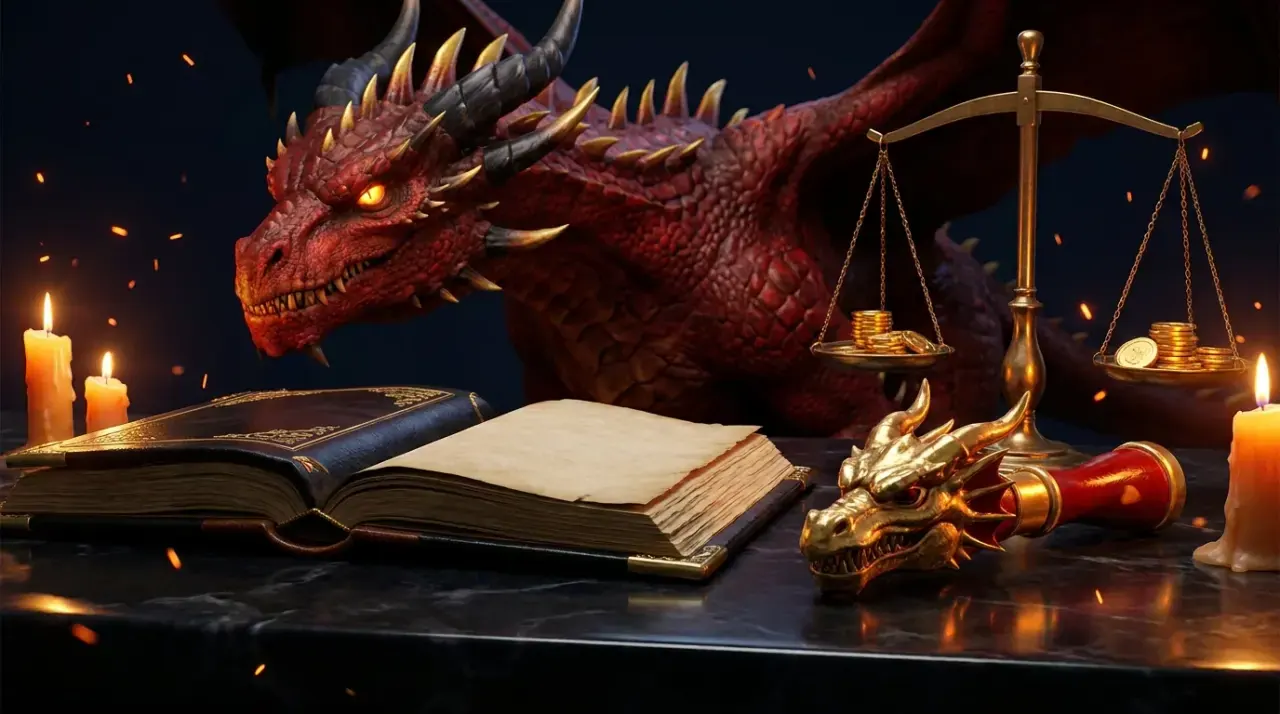 Розкрита книга правил, терези і печатка з драконом — правовий статус Dragon Money